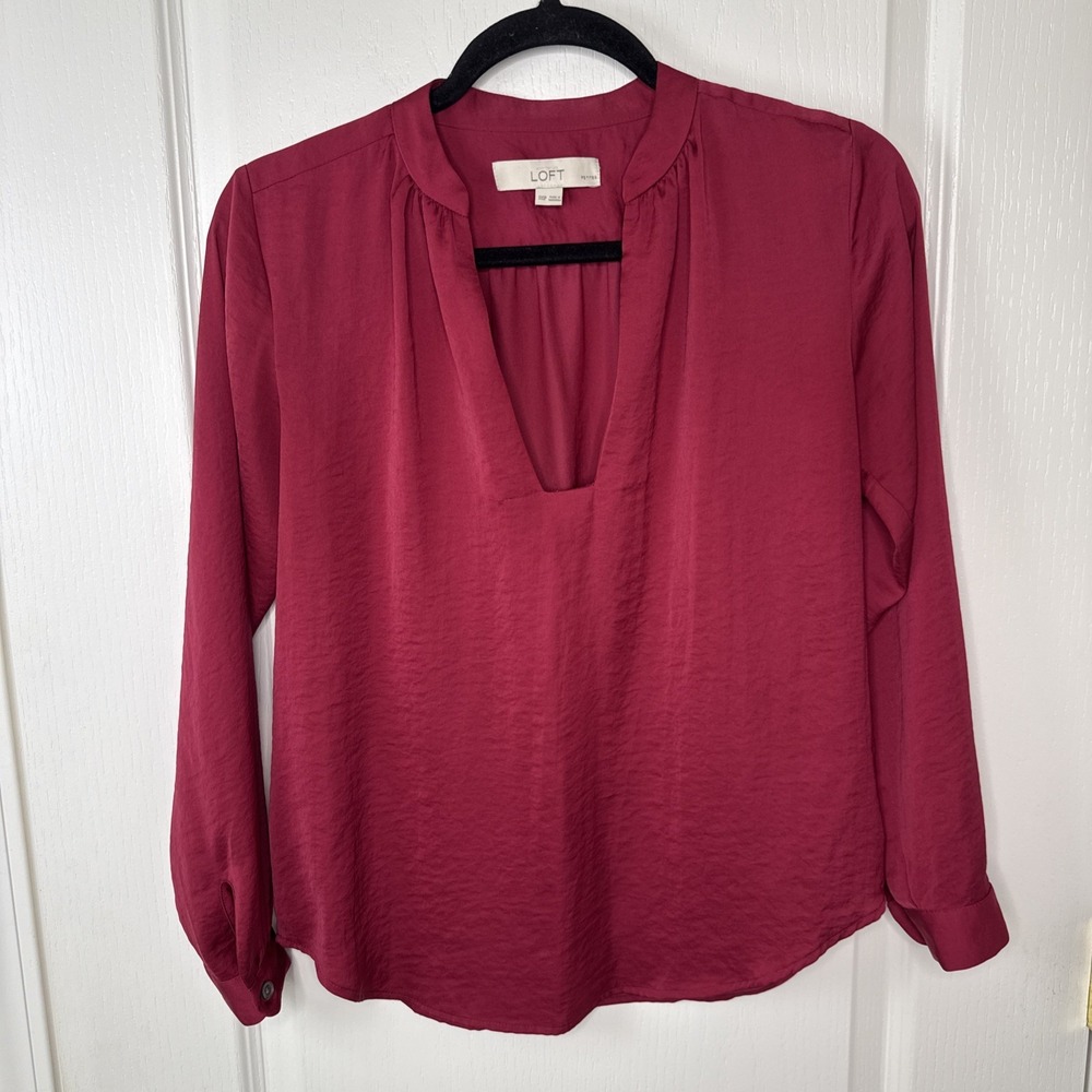 LOFT Petites Womens Berry Satin Blouse XXSP Split Neck Band Collar Long Sleeve